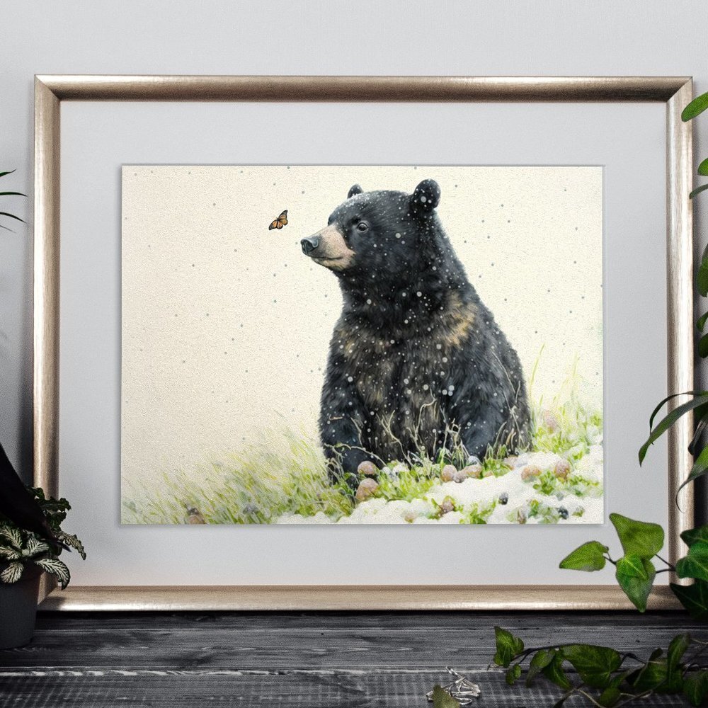Black Bear with Butterfly Watercolor Oil Painting Print - Picture 3 of 5